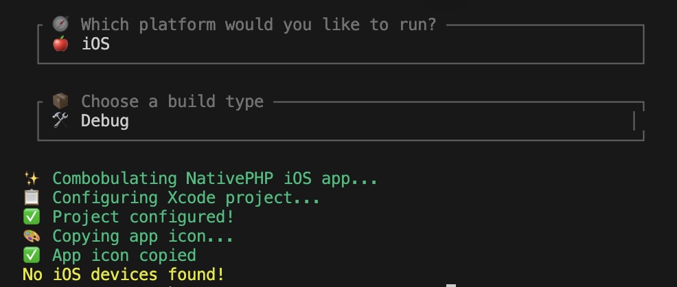 php native no ios devices found